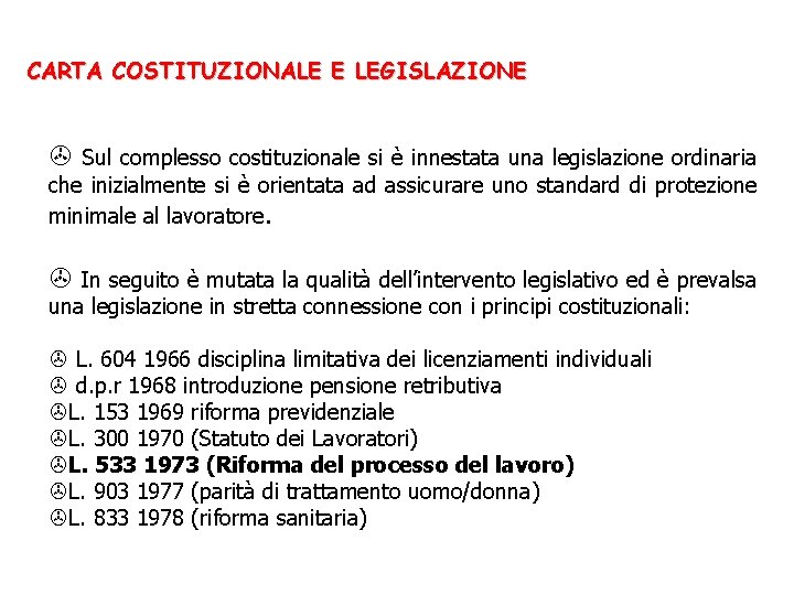 CARTA COSTITUZIONALE E LEGISLAZIONE > Sul complesso costituzionale si è innestata una legislazione ordinaria