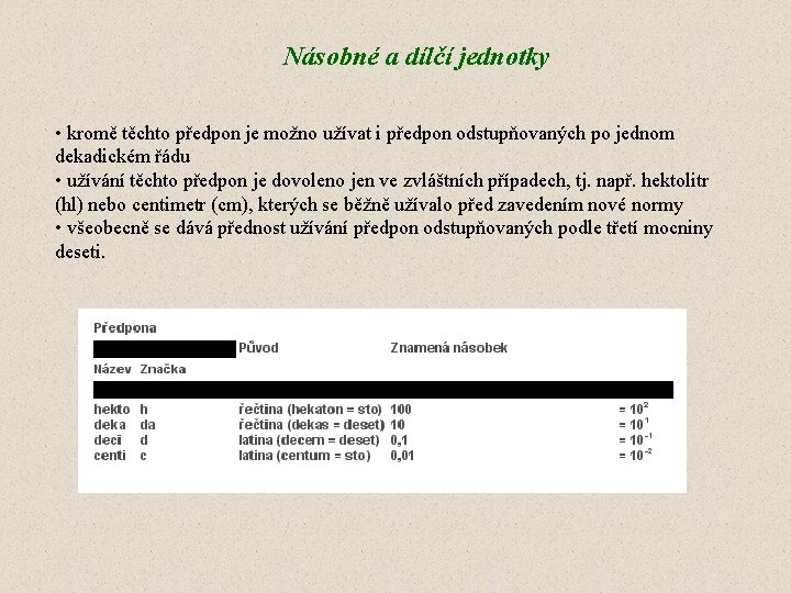 Násobné a dílčí jednotky • kromě těchto předpon je možno užívat i předpon odstupňovaných