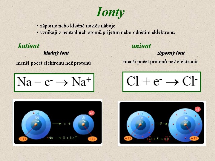 Ionty • záporné nebo kladné nosiče náboje • vznikají z neutrálních atomů přijetím nebo Ionty • záporné nebo kladné nosiče náboje • vznikají z neutrálních atomů přijetím nebo