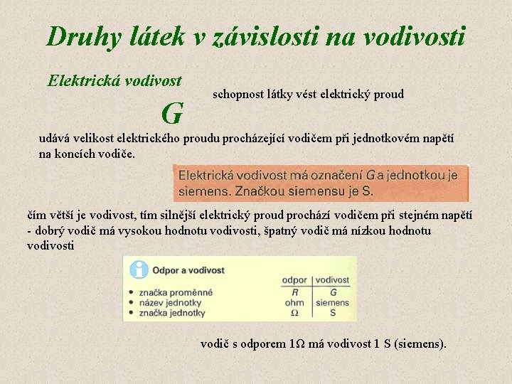 Druhy látek v závislosti na vodivosti Elektrická vodivost G schopnost látky vést elektrický proud