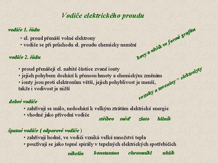 Vodiče elektrického proudu vodiče 1. řádu • el. proud přenáší volné elektrony • vodiče