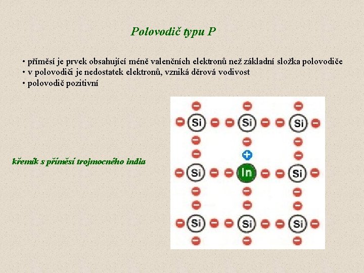 Polovodič typu P • příměsí je prvek obsahující méně valenčních elektronů než základní složka