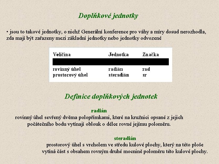 Doplňkové jednotky • jsou to takové jednotky, o nichž Generální konference pro váhy a