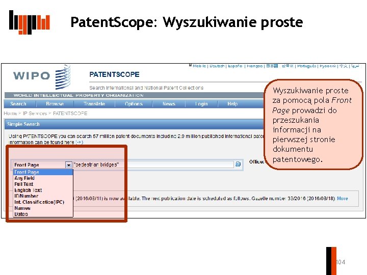 Patent. Scope: Wyszukiwanie proste za pomocą pola Front Page prowadzi do przeszukania informacji na