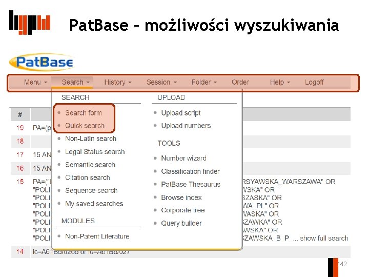 Pat. Base – możliwości wyszukiwania 142 