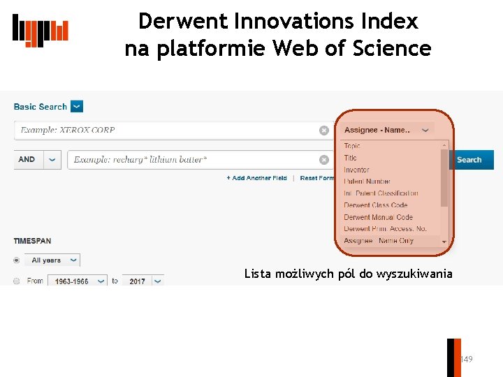 Derwent Innovations Index na platformie Web of Science Lista możliwych pól do wyszukiwania 149