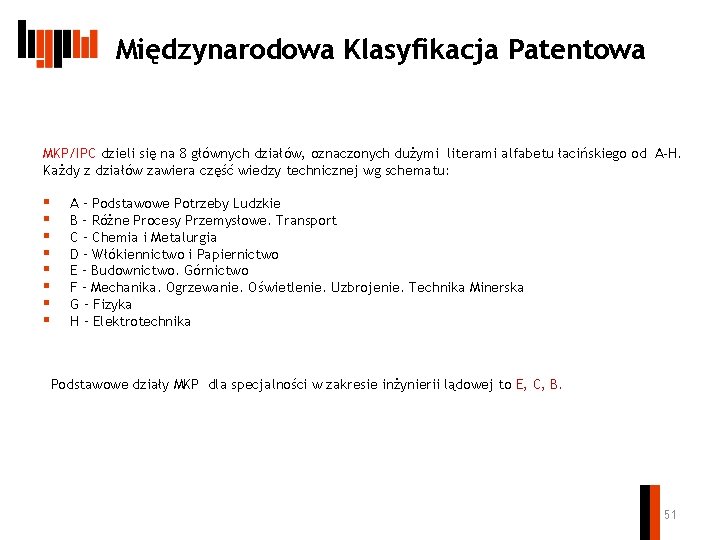 Międzynarodowa Klasyfikacja Patentowa MKP/IPC dzieli się na 8 głównych działów, oznaczonych dużymi literami alfabetu