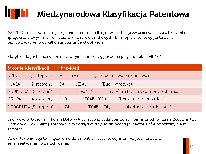 Międzynarodowa Klasyfikacja Patentowa MKP/IPC jest hierarchicznym systemem do jednolitego – w skali międzynarodowej –