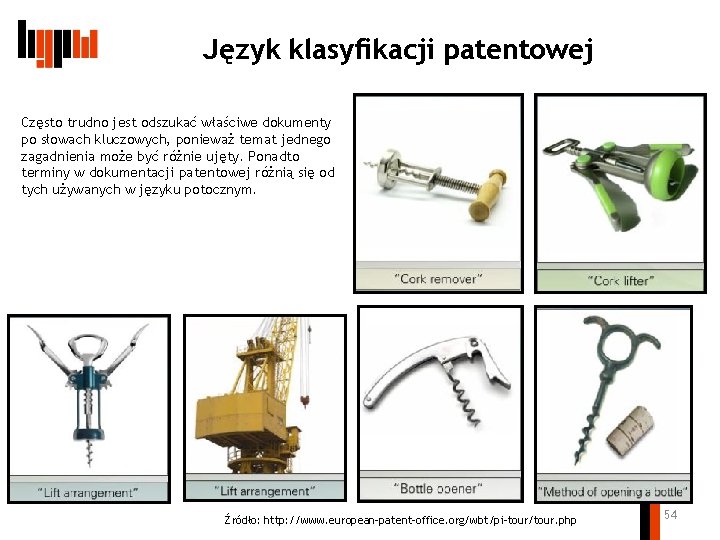 Język klasyfikacji patentowej Często trudno jest odszukać właściwe dokumenty po słowach kluczowych, ponieważ temat