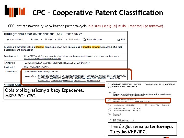 CPC – Cooperative Patent Classification CPC jest stosowana tylko w bazach patentowych, nie stosuje