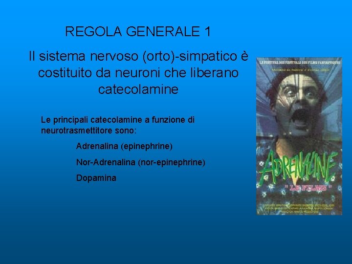 REGOLA GENERALE 1 Il sistema nervoso (orto)-simpatico è costituito da neuroni che liberano catecolamine