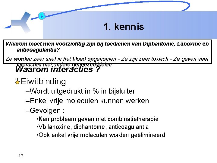 1. kennis Waarom moet men voorzichtig zijn bij toedienen van Diphantoine, Lanoxine en anticoagulantia?