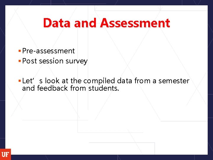 Data and Assessment § Pre-assessment § Post session survey § Let’s look at the