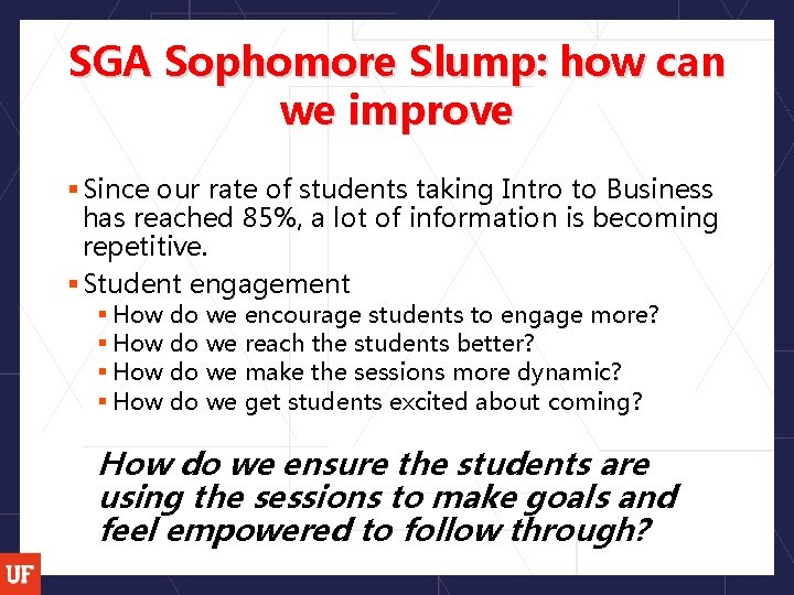 SGA Sophomore Slump: how can we improve § Since our rate of students taking