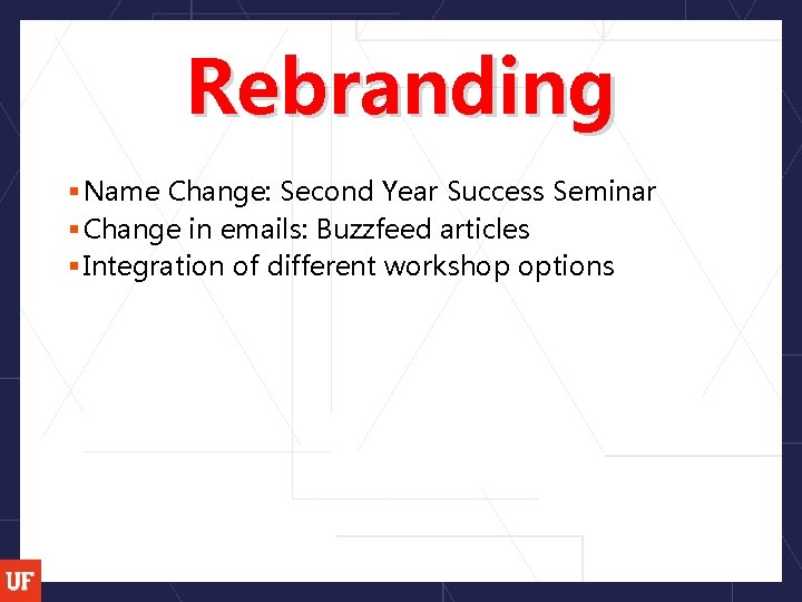 Rebranding § Name Change: Second Year Success Seminar § Change in emails: Buzzfeed articles