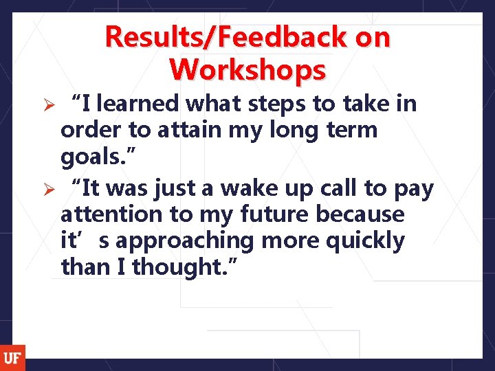 Ø “I Results/Feedback on Workshops learned what steps to take in order to attain