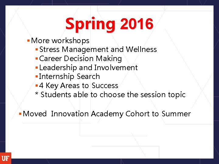 Spring 2016 § More workshops § Stress Management and Wellness § Career Decision Making