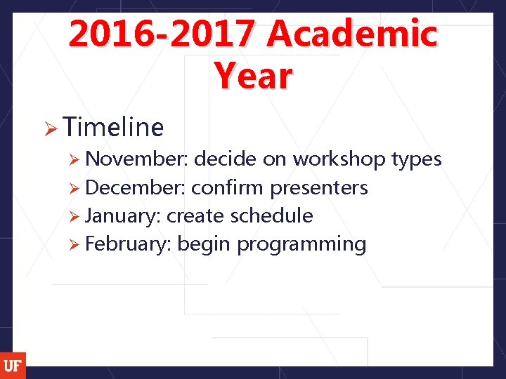 2016 -2017 Academic Year Ø Timeline Ø November: decide on workshop types Ø December: