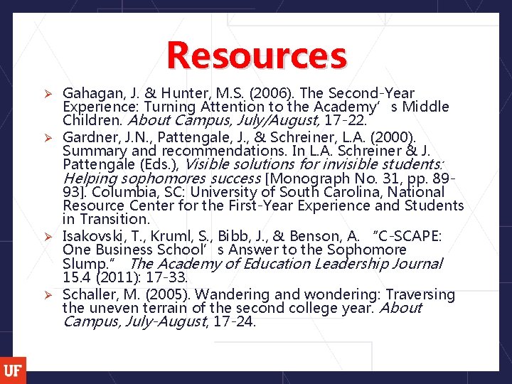 Resources Gahagan, J. & Hunter, M. S. (2006). The Second-Year Experience: Turning Attention to