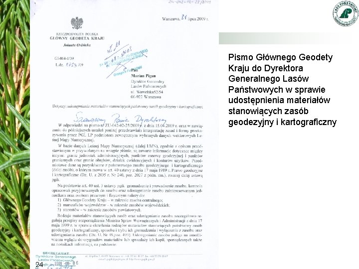 Pismo Głównego Geodety Kraju do Dyrektora Generalnego Lasów Państwowych w sprawie udostępnienia materiałów stanowiących