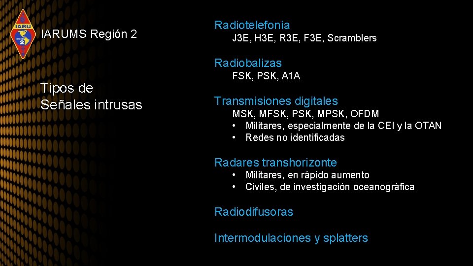 IARUMS Región 2 Radiotelefonía J 3 E, H 3 E, R 3 E, F
