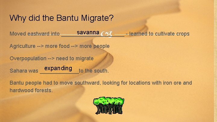 Why did the Bantu Migrate? savanna Moved eastward into ___________ - learned to cultivate