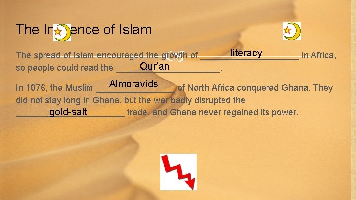 The Influence of Islam literacy The spread of Islam encouraged the growth of __________