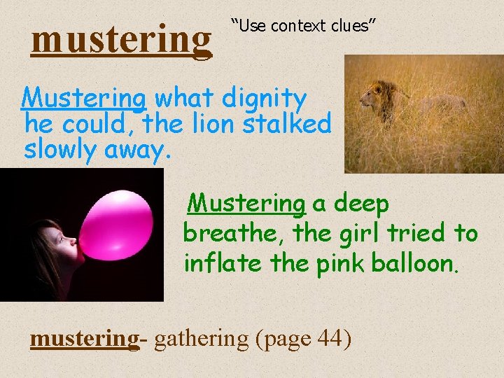 mustering “Use context clues” Mustering what dignity he could, the lion stalked slowly away.