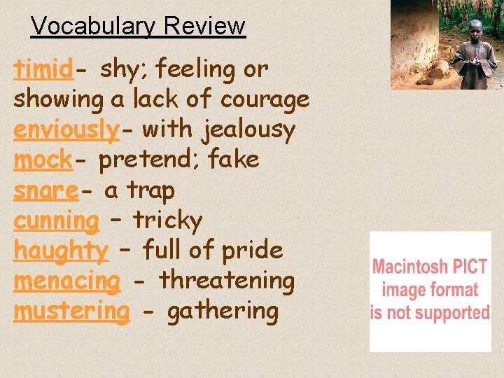 Vocabulary Review timid- shy; feeling or showing a lack of courage enviously- with jealousy