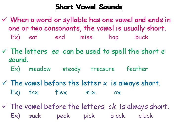 Short Vowel Sounds ü When a word or syllable has one vowel and ends Short Vowel Sounds ü When a word or syllable has one vowel and ends