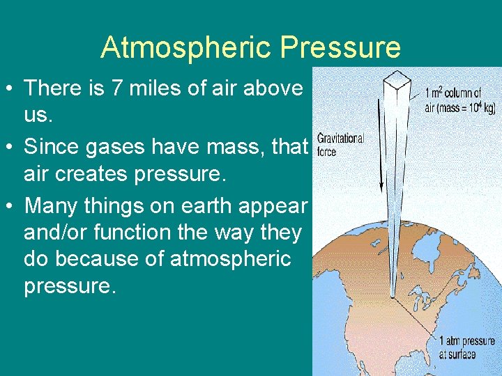 Atmospheric Pressure • There is 7 miles of air above us. • Since gases