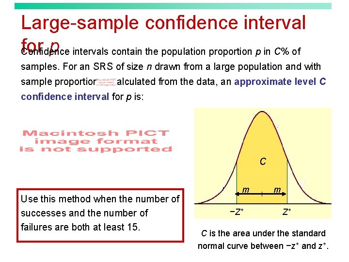 Large-sample confidence interval for p intervals contain the population proportion p in C% of