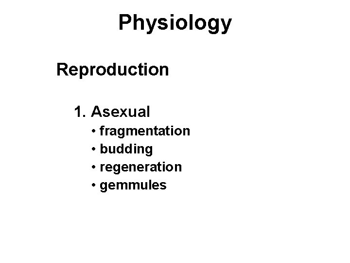 Physiology Reproduction 1. Asexual • fragmentation • budding • regeneration • gemmules 