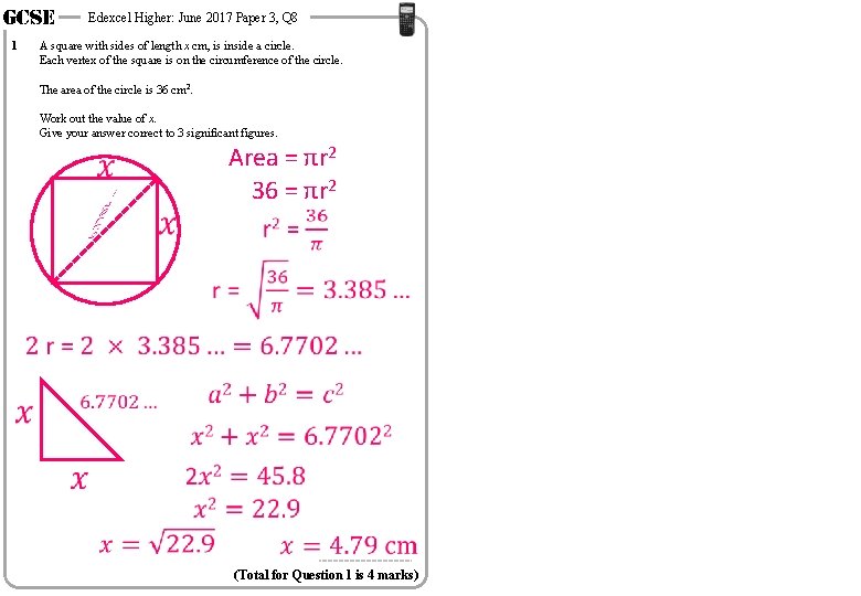 GCSE 1 Edexcel Higher: June 2017 Paper 3, Q 8 A square with sides GCSE 1 Edexcel Higher: June 2017 Paper 3, Q 8 A square with sides