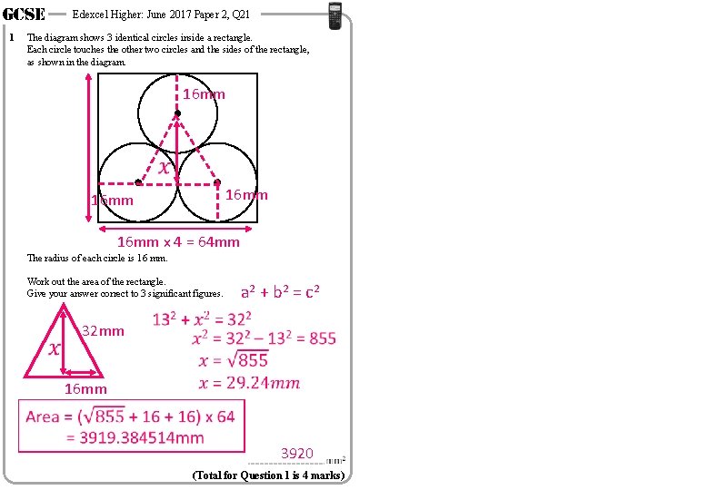 GCSE 1 Edexcel Higher: June 2017 Paper 2, Q 21 The diagram shows 3