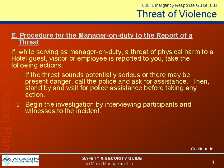 600. Emergency Response Guide, 688 Threat of Violence Emergency Action Plan E. Procedure for