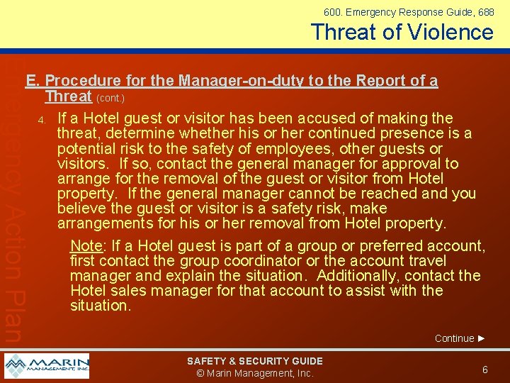 600. Emergency Response Guide, 688 Threat of Violence Emergency Action Plan E. Procedure for