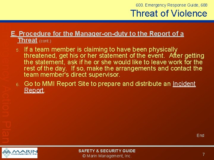 600. Emergency Response Guide, 688 Threat of Violence Emergency Action Plan E. Procedure for