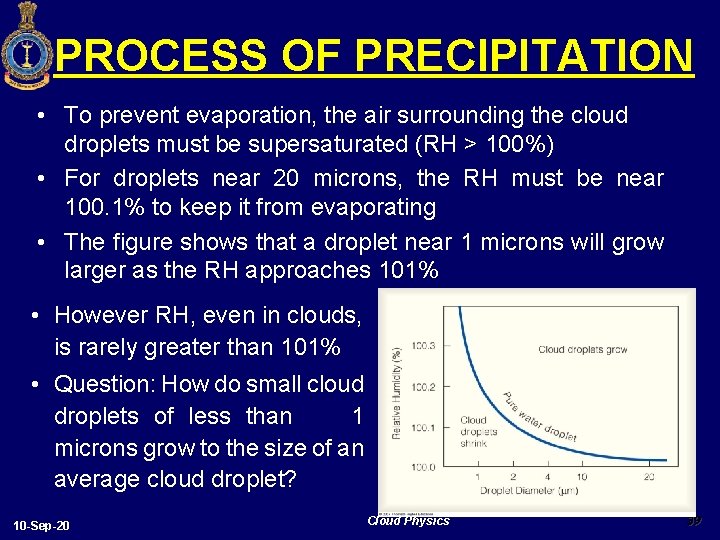 PROCESS OF PRECIPITATION • To prevent evaporation, the air surrounding the cloud droplets must