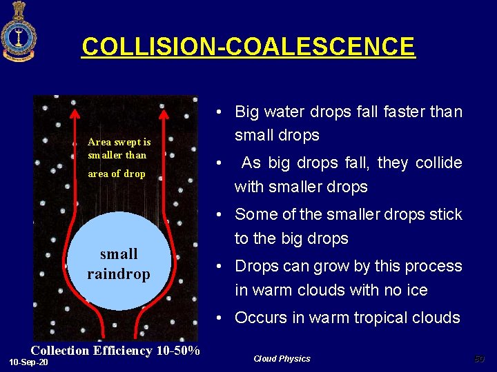 COLLISION-COALESCENCE Area swept is smaller than area of drop small raindrop • Big water