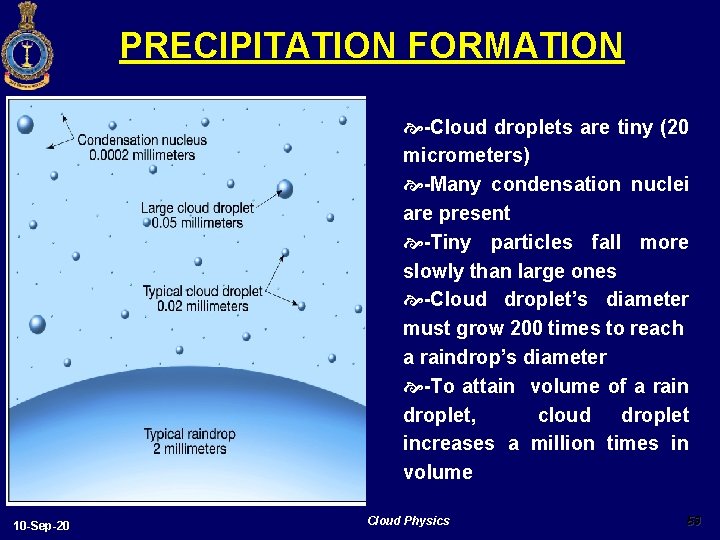 PRECIPITATION FORMATION -Cloud droplets are tiny (20 micrometers) -Many condensation nuclei are present -Tiny