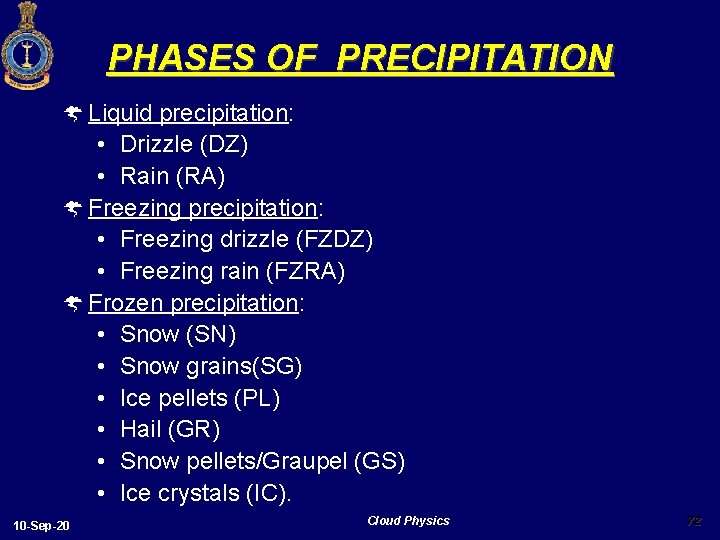 PHASES OF PRECIPITATION Ý Liquid precipitation: • Drizzle (DZ) • Rain (RA) Ý Freezing