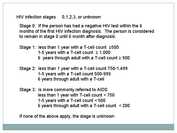 HIV infection stages 0, 1, 2, 3, or unknown Stage 0: If the person