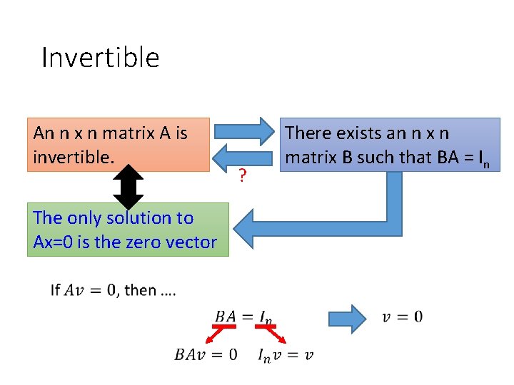 Invertible An n x n matrix A is invertible. The only solution to Ax=0