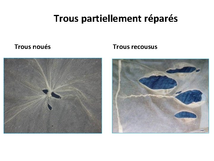 Trous partiellement réparés Trous noués Trous recousus 