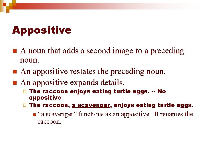 Appositive n n n A noun that adds a second image to a preceding