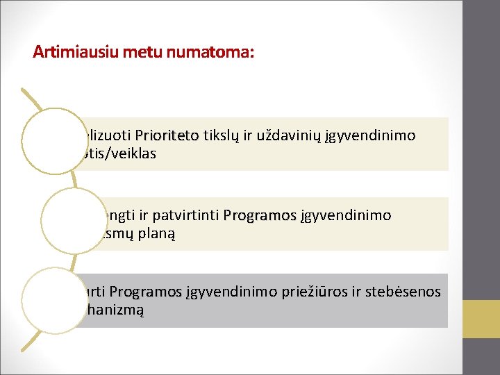 Artimiausiu metu numatoma: detalizuoti Prioriteto tikslų ir uždavinių įgyvendinimo kryptis/veiklas parengti ir patvirtinti Programos