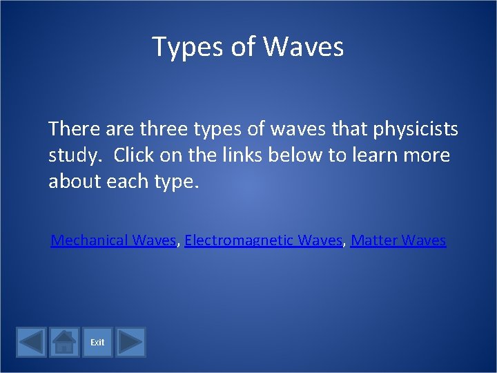 Types of Waves There are three types of waves that physicists study. Click on