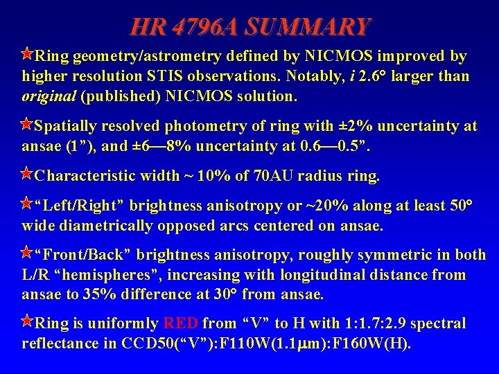 HR 4796 A SUMMARY Ring geometry/astrometry defined by NICMOS improved by higher resolution STIS