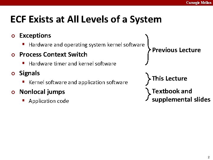 Carnegie Mellon ECF Exists at All Levels of a System ¢ Exceptions § Hardware